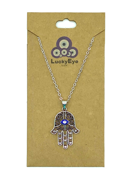 Silver Hamsa Necklace with Evil Eye #3032