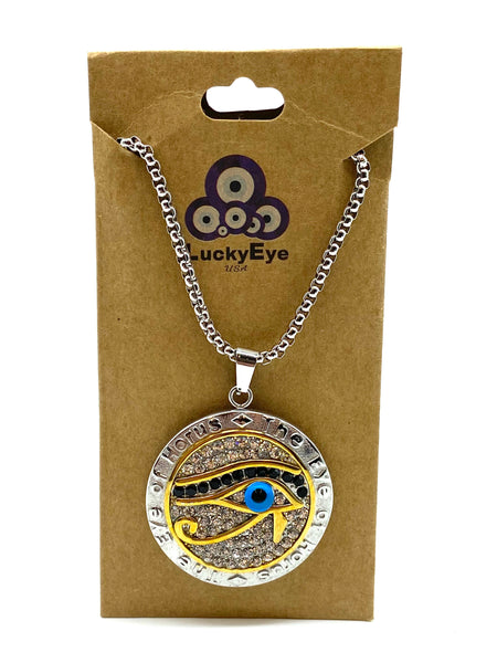 Stainless Steel Crystal Medallion  Evil Eye Necklace #3049
