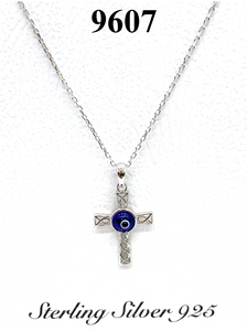 925 Sterling Silver Cross Evil Eye Necklace #9607