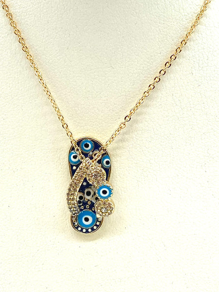 Flip Flop with Crystal Bow Evil Eye Necklace #3815