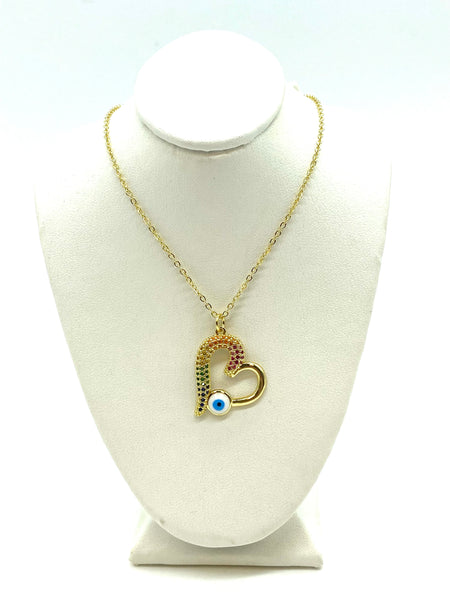 Colorful Crystal  Heart Evil Eye Necklace #3813