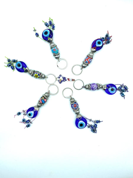 Evil Eye  Fimo bead flower design with glass eye and dangling eyes key chain #1306