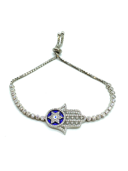 925 Sterling Silver Hamsa Hand Lucky Eye Bracelet Star of David #9396
