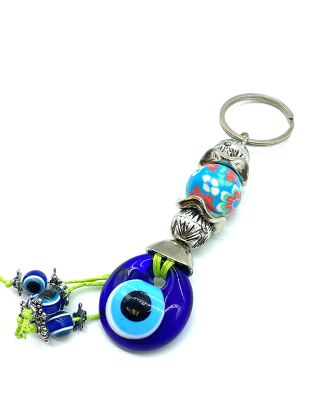 Evil Eye  Fimo bead flower design with glass eye and dangling eyes key chain #1306