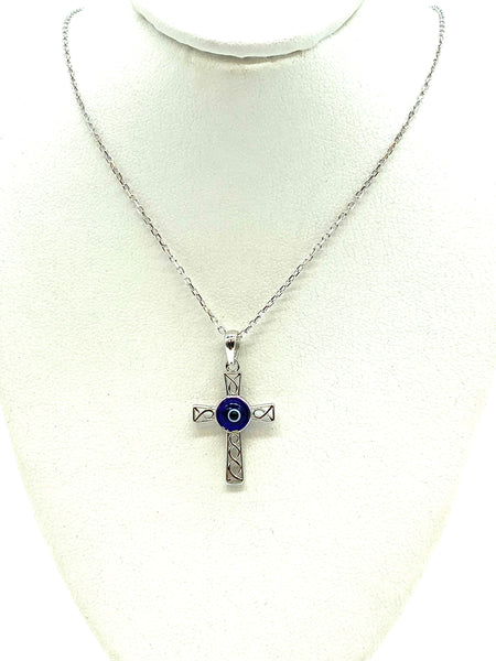 925 Sterling Silver Cross Evil Eye Necklace #9607
