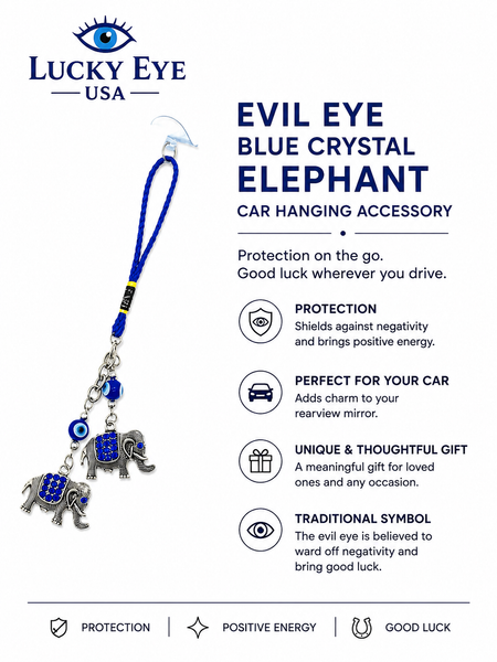 Evil Eye Blue Crystal Elephant Car Hanging Accessory #6059