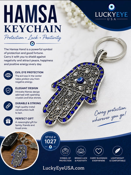 Blue Crystal Evil Eye Hamsa Hand Key chain #1027