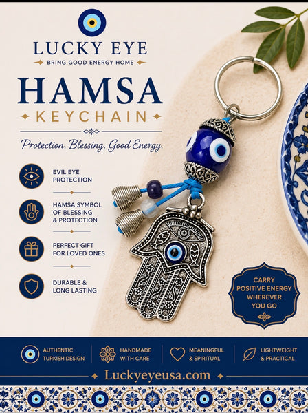 Evil Eye Hamsa Keychain with Dangle Beads Lucky Eye #1290