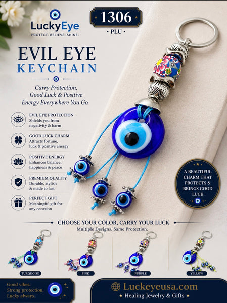 Evil Eye  Fimo bead flower design with glass eye and dangling eyes key chain #1306
