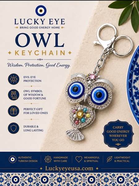 Evil Eye Owl Gold and Silver Key Chain with Dangle Tail #1309