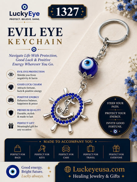 Lucky Evil Eye Keychain with Ships Wheel and Anchor Medallion #1327
