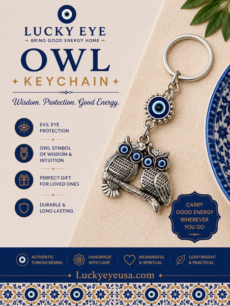 LuckyEye Twin Owls Sitting on a Branch KeyChain  #1343