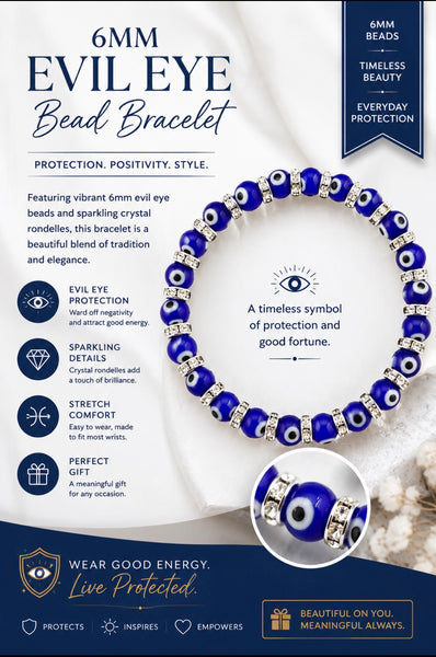 6 mm Blue Glass Evil Eye Greek Key Bracelet #2281