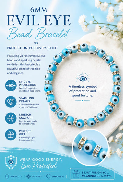 6mm Bead Classic Evil Eye  Bracelet  #2281-2285