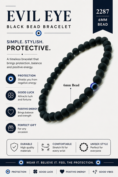 Black Bead 6 mm Evil Eye Bracelet #2287