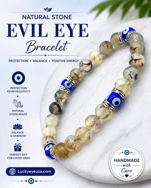Natural  8mm Bead Evil Eye Bracelet #2297