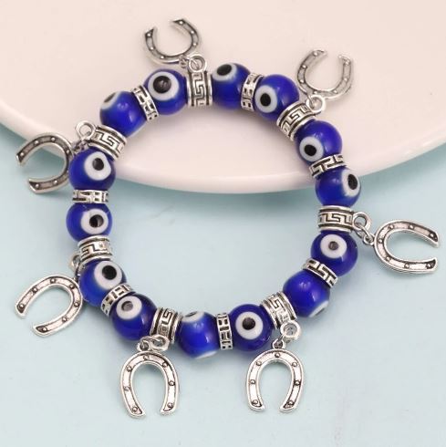 Evil Eye bracelet with blue  eyes and horseshoe charms #2307