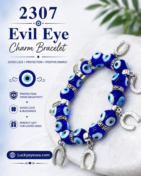 Evil Eye bracelet with blue  eyes and horseshoe charms #2307
