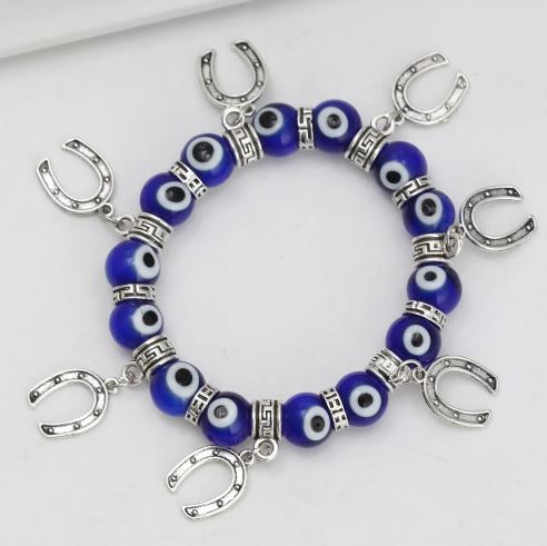Evil Eye bracelet with blue  eyes and horseshoe charms #2307