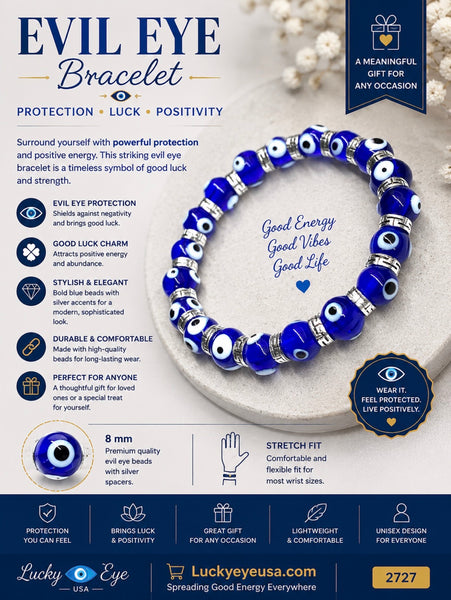 8 mm Blue Glass Evil Eye Greek Key Bracelet #2727