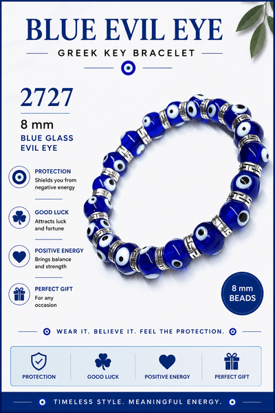 8 mm Blue Glass Evil Eye Greek Key Bracelet #2727