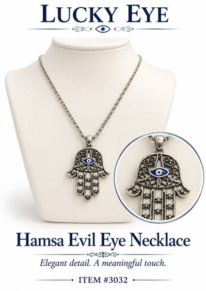 Silver Hamsa Necklace with Evil Eye #3032