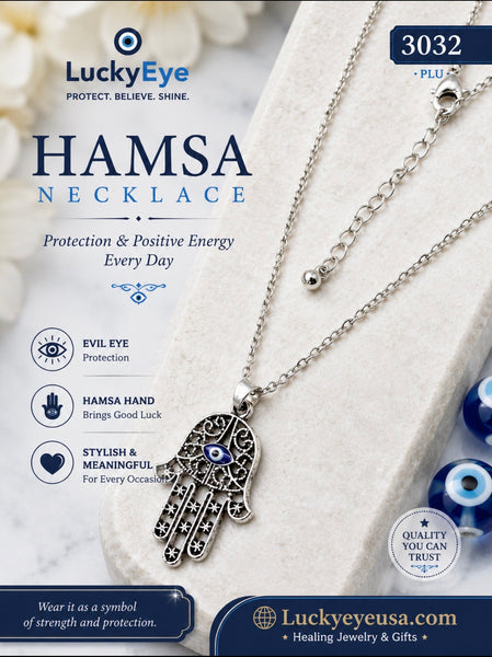 Silver Hamsa Necklace with Evil Eye #3032
