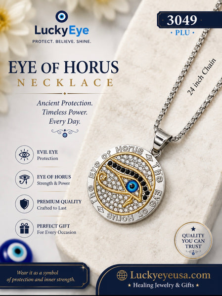 Stainless Steel Crystal Medallion  Evil Eye Necklace #3049
