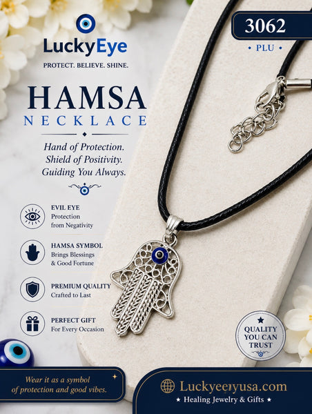Silver Adjustable Hamsa Evil Eye Necklace #3062
