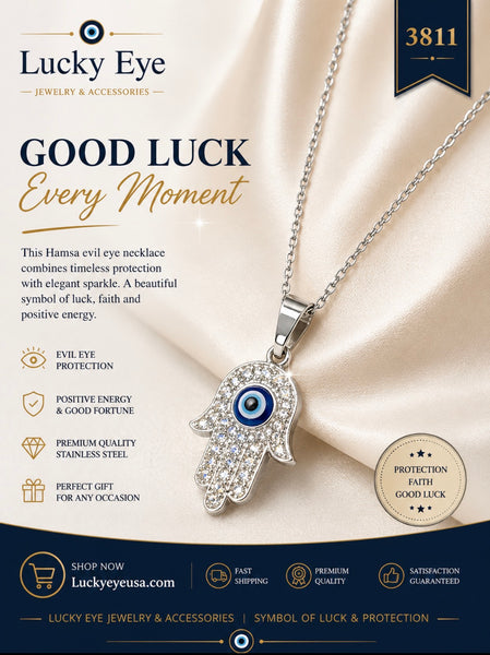 Crystal Hamsa  Evil Eye Necklace #3811