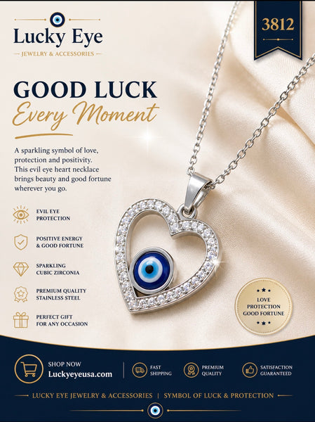 Crystal Heart  Evil Eye Necklace #3812