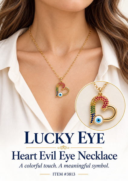Colorful Crystal  Heart Evil Eye Necklace #3813