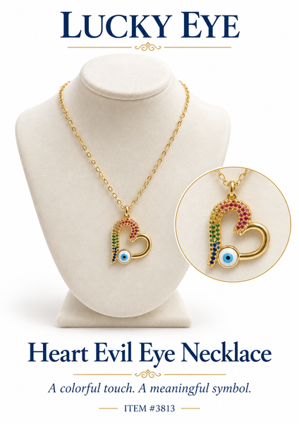 Colorful Crystal  Heart Evil Eye Necklace #3813