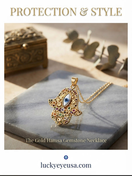 Colorful Crystal Hamsa Hand Mother of Pearl Evil Eye Necklace #3814