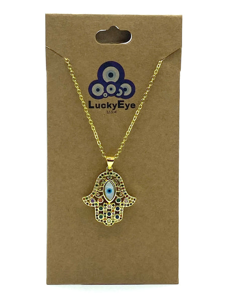 Colorful Crystal Hamsa Hand Mother of Pearl Evil Eye Necklace #3814