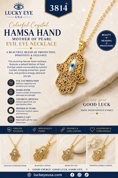 Colorful Crystal Hamsa Hand Mother of Pearl Evil Eye Necklace #3814
