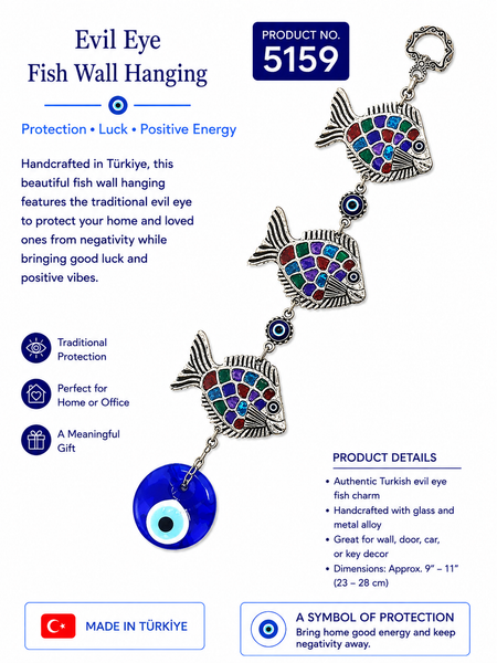 3 Colorful Fish with Glass Evil Eye Wall Decor #5159