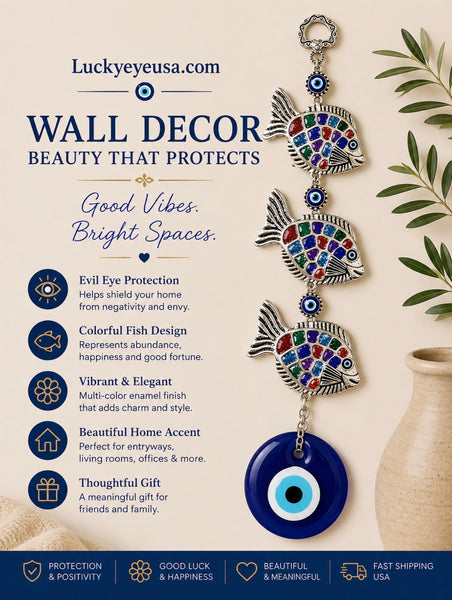 3 Colorful Fish with Glass Evil Eye Wall Decor #5159