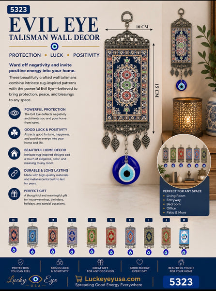 Turkish Carpet With Blue Glass Evil Eye Talisman Home Decor #5323
