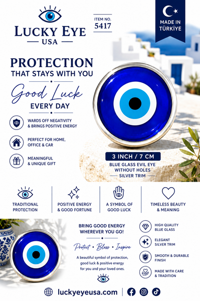 Blue Glass Silver Trim  Evil Eye Without Hole #5417