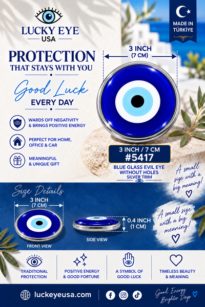 Blue Glass Silver Trim  Evil Eye Without Hole #5417