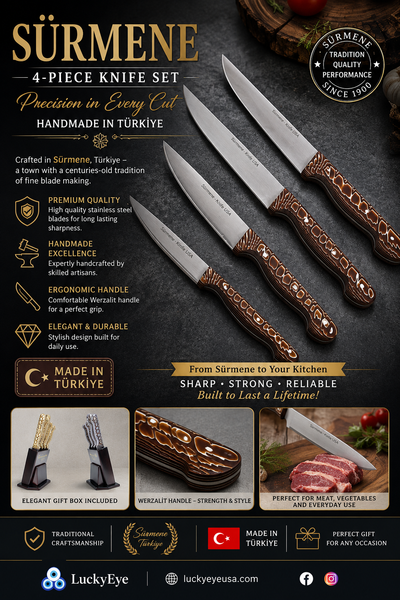 SURMENE 4-Piece Stainless Steel Handmade Werzalit Handle Kitchen Knife Set