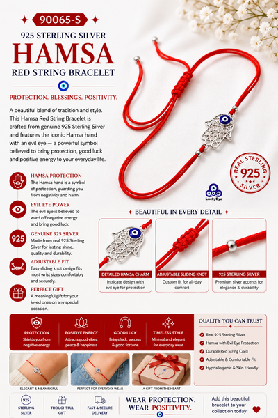 925 Sterling Silver  Red String Hamsa Bracelet #90065