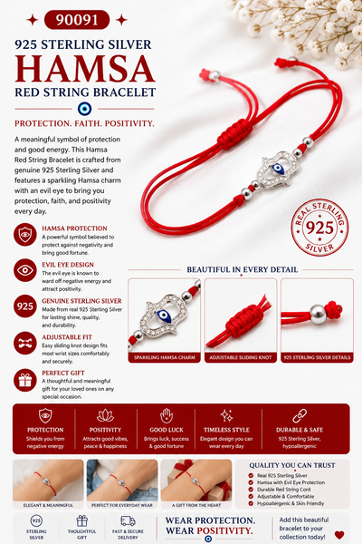 925 Sterling Silver Hamsa Red String Bracelet #90091