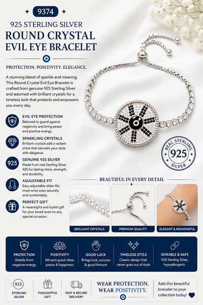 925 Sterling Silver Round Crystal Evil Eye Bracelet #9374