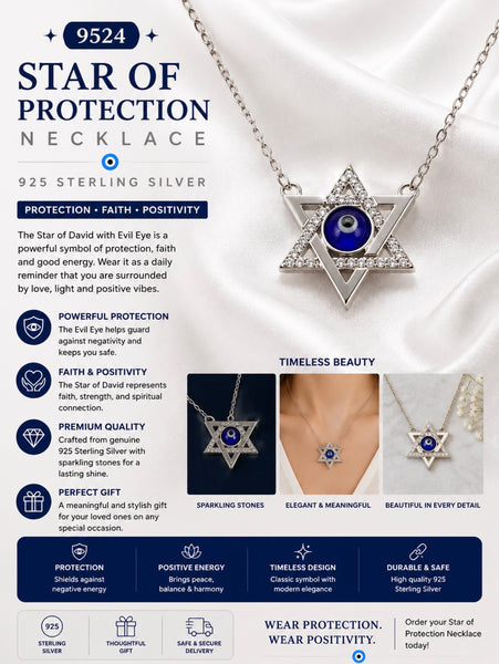 925 Sterling Silver Star of Davil Evil Eye Necklace #9524