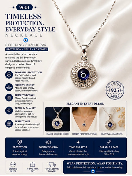 925 Sterling Silver Greek Knots Evil Eye Necklace #9601