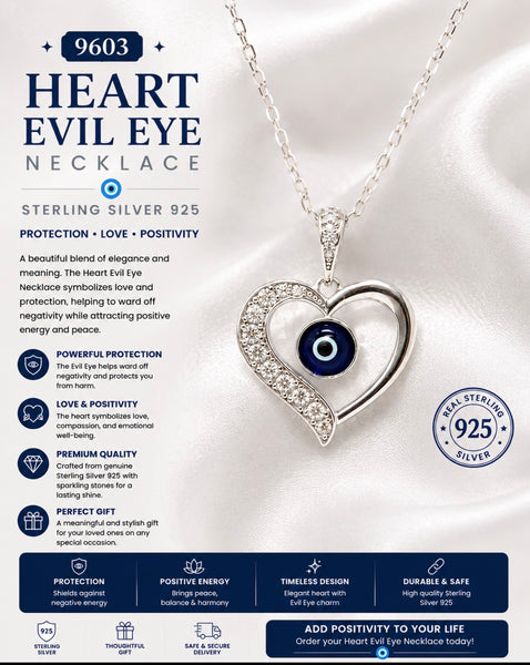 925 Sterling Silver Heart Evil Eye Necklace #9603