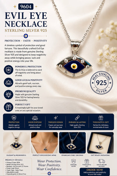 925 Sterling Silver Evil Eye Shape Pendant & Necklace #9604