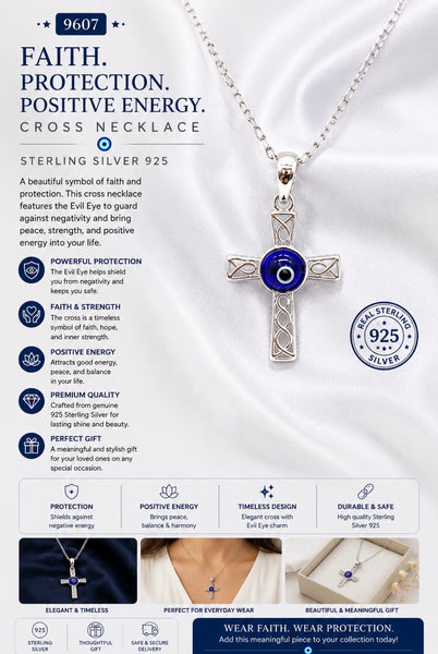 925 Sterling Silver Cross Evil Eye Necklace #9607